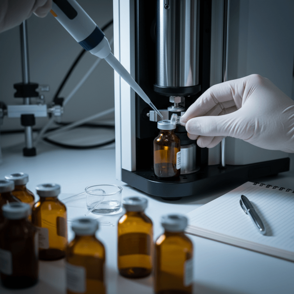 Analyse HPLC de produits CBD en laboratoire avec manipulation d'échantillons par technicien ganté