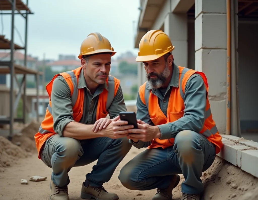 Artisans du bâtiment consultant une application de suivi de chantier sur smartphone lors d'une pause sur un chantier de rénovation