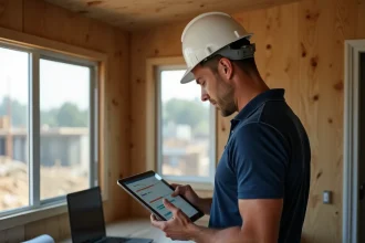 Chef de chantier BTP consultant un logiciel de gestion de projet sur tablette dans un bureau de chantier