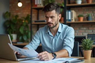 Entrepreneur consultant ses documents d'aides financières sur un bureau en bois dans un espace de coworking