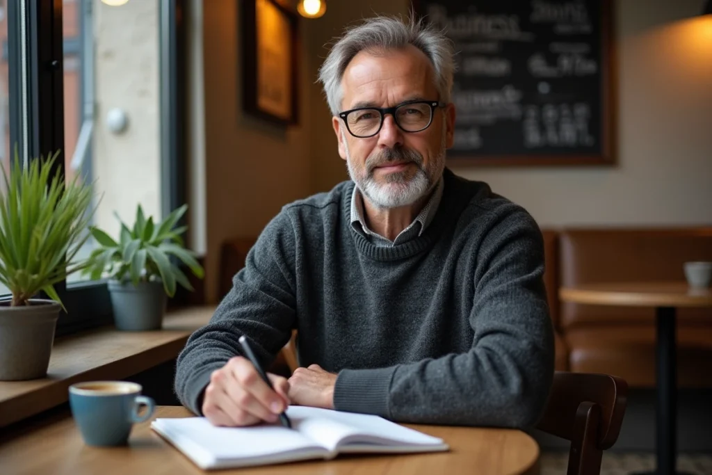 Entrepreneur mature prenant des notes sur les aides financières pour créateurs d'entreprise dans un café