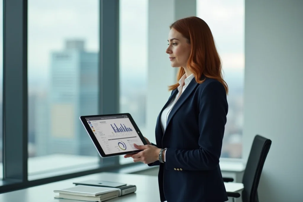 Femme entrepreneur debout consultant un tableau de bord financier sur tablette dans un bureau moderne