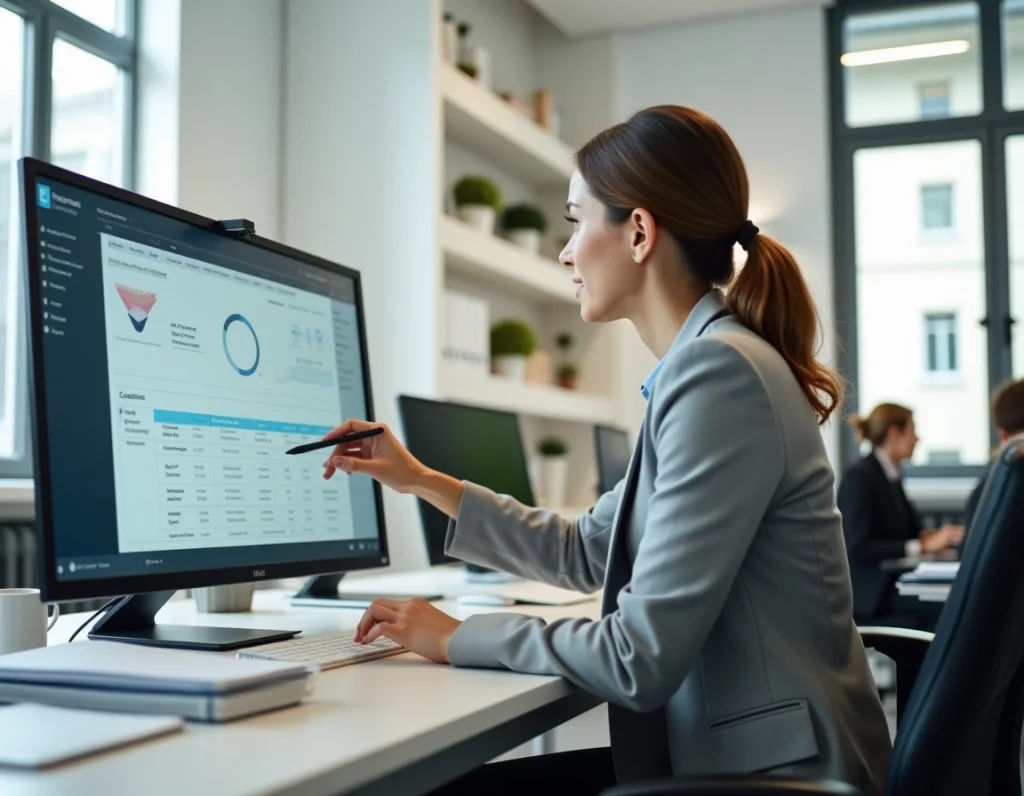 Professionnelle du secteur BTP utilisant un logiciel de gestion administrative sur ordinateur dans un bureau moderne