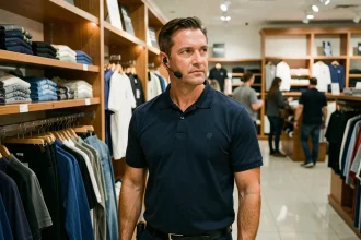 Agent de sécurité en magasin observant discrètement les clients entre les rayons de vêtements