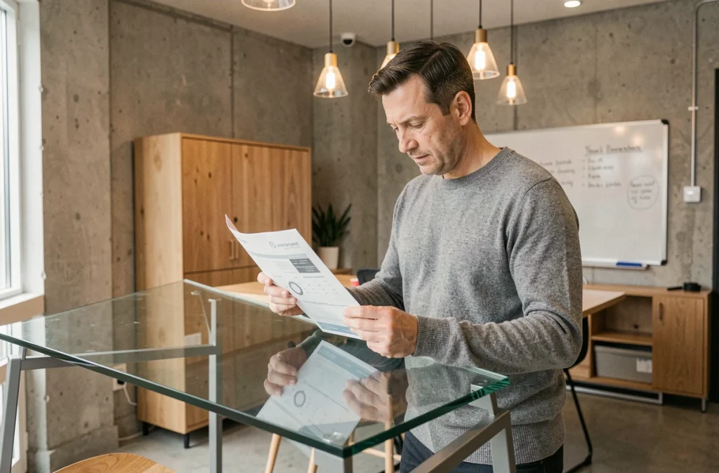 Homme d'affaires analysant des fiches d'information sur des entreprises dans un espace de coworking minimaliste
