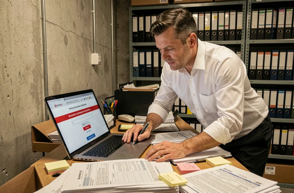 Commissionnaire en douane consultant un portail bloqué sur son laptop dans un bureau administratif de entrepôt