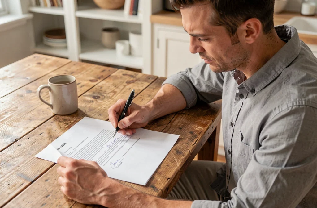 Homme relisant et paraphant un document officiel à table avec mention manuscrite bon pour accord