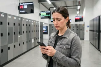 Cliente mécontente vérifiant son téléphone dans un hub logistique moderne avec des casiers automatiques en arrière-plan