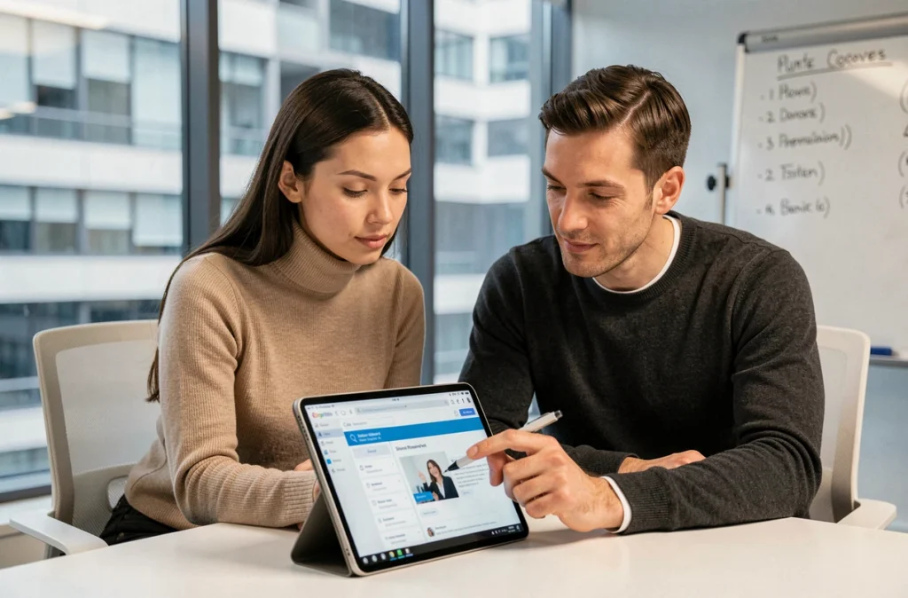 Deux collègues en salle de formation consultant ensemble un module e-learning sur une tablette via le portail RH interne de l'entreprise