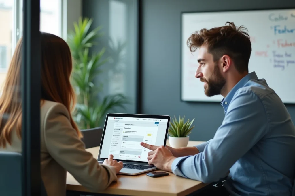 Deux collègues en réunion analysant un portail RH en ligne ADP sur ordinateur portable