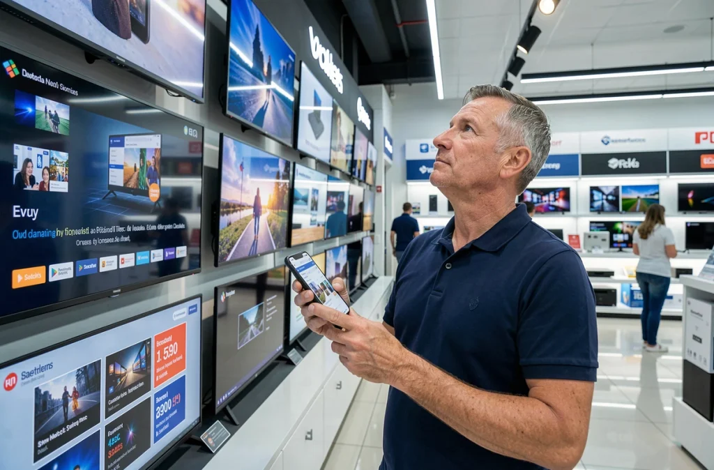 Homme comparant les prix des téléviseurs en magasin d'électronique avec un smartphone affichant un comparateur de prix