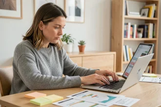 Femme comparant les tarifs TV en ligne sur ordinateur portable et tablette dans un bureau à domicile moderne