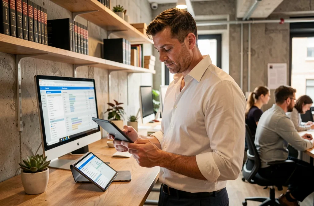 Consultant en conformité externalisé travaillant sur tablette dans un espace de coworking moderne, représentant la flexibilité des agences de compliance staffing