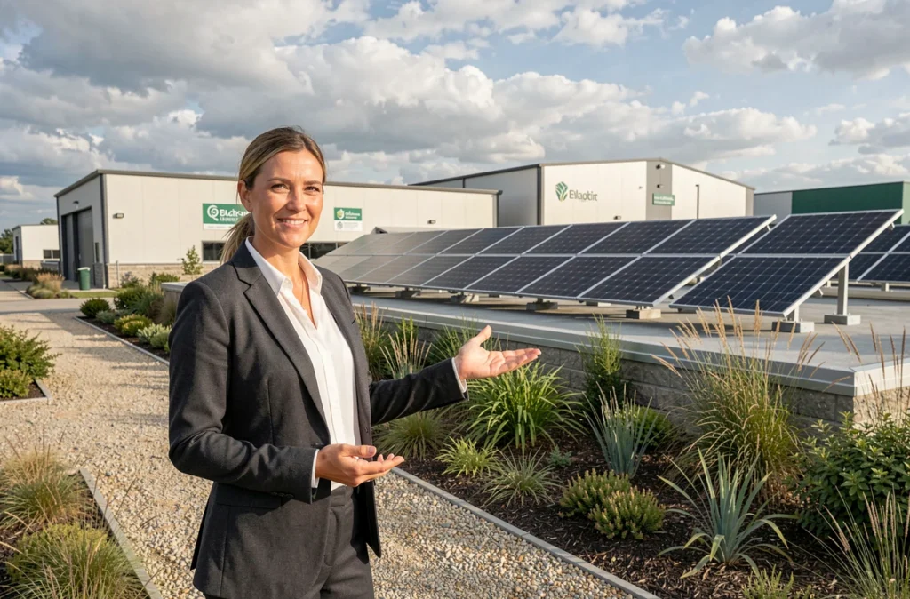 Consultante en développement durable présentant les installations solaires d'un parc éco-industriel