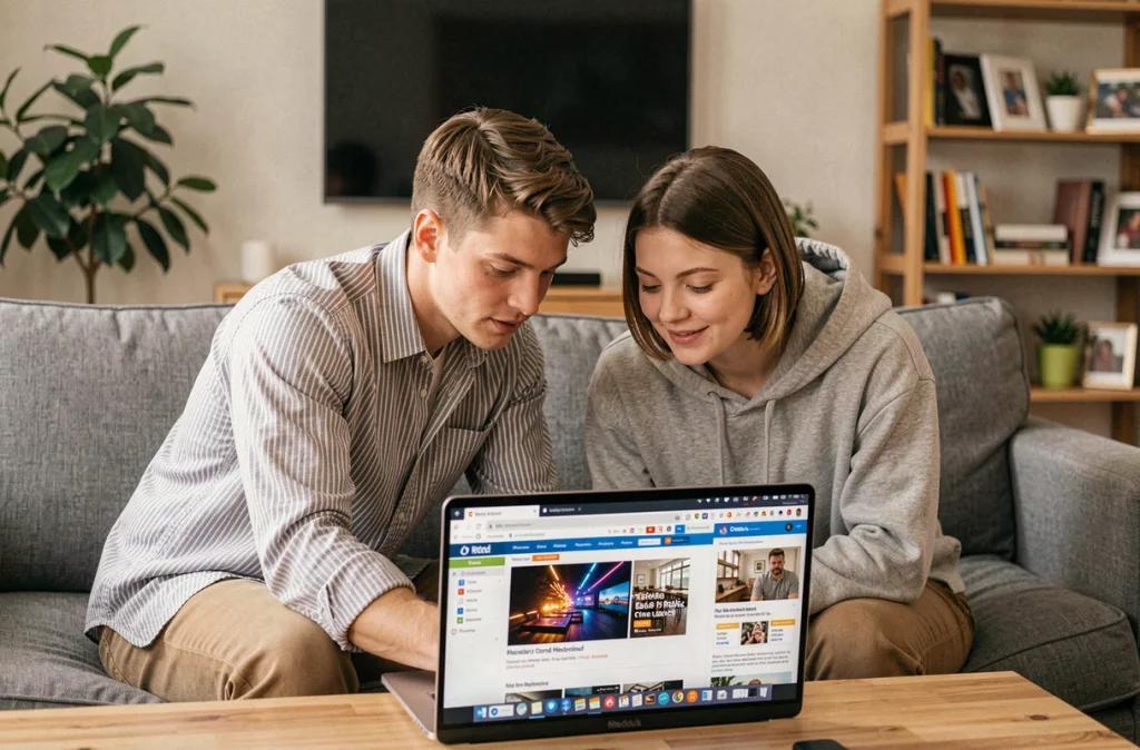 Couple cherchant les meilleurs prix de TV en ligne sur un ordinateur portable dans leur salon confortable