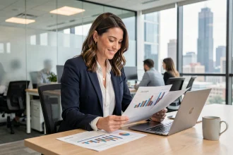 Dirigeante d'entreprise analysant des rapports de performance dans un bureau moderne vitré, illustrant les bénéfices d'un partenariat stratégique avec une agence spécialisée
