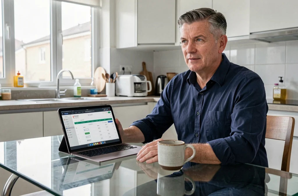 Employé consultant son planning en ligne sur tablette depuis sa cuisine en télétravail