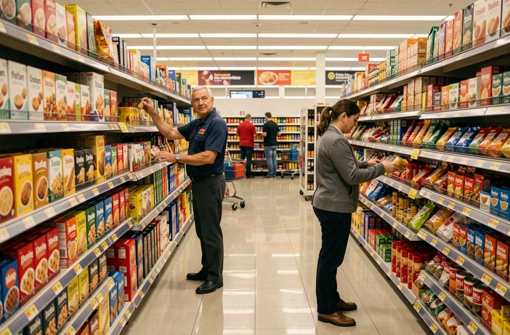 Employé de supermarché restockant des rayons tout en surveillant discrètement un client suspect