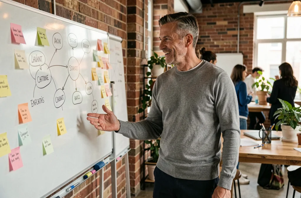 Entrepreneur présentant une stratégie de croissance sur un tableau blanc dans un espace de co-working, symbolisant les opportunités offertes aux PME par un partenariat avec wyman.fr