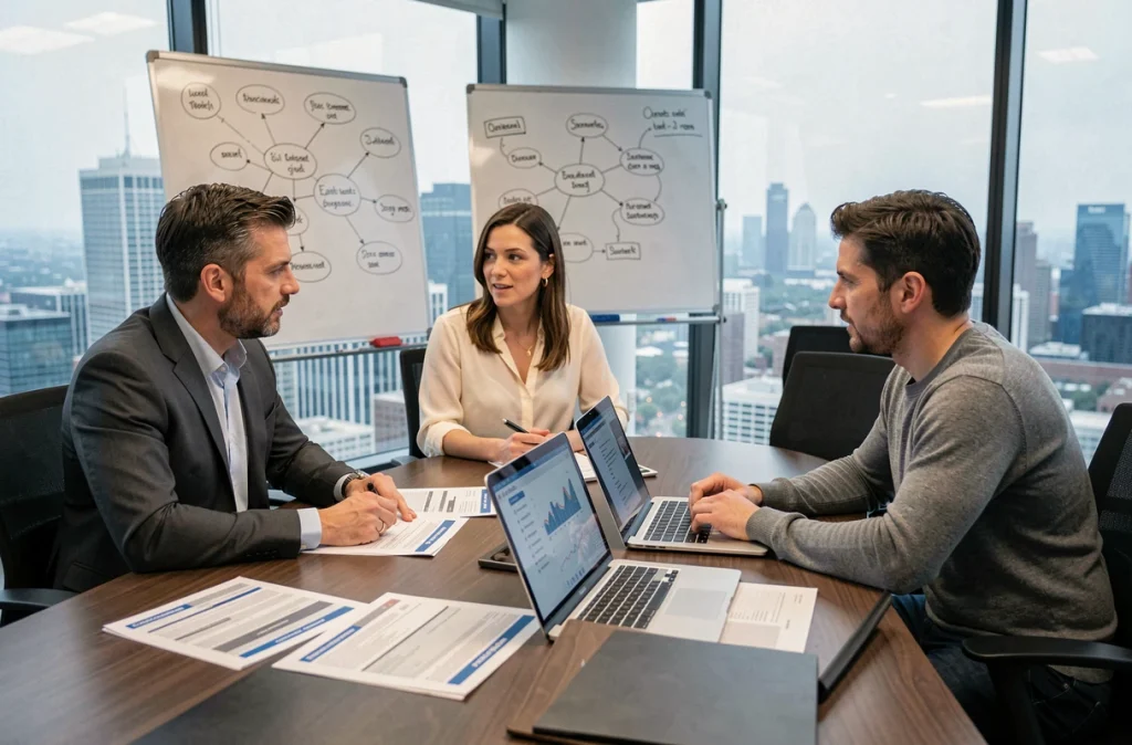 Équipe pluridisciplinaire en réunion de travail autour d'une table de conférence discutant de stratégie de conformité externalisée