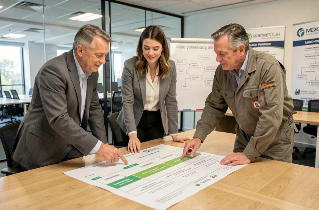 Équipe de professionnels collaborant sur une feuille de route stratégique pour la transition bas carbone dans une salle de réunion