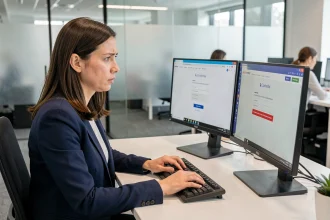 Employée en blazer marine face à un écran affichant une erreur de connexion sur le portail douane Pro