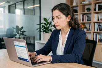 Femme professionnelle analysant un abonnement B2B sur son ordinateur portable dans un bureau moderne