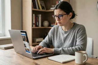 Femme analysant un site web suspect sur un ordinateur portable avec des notes manuscrites, illustrant la vérification d'une plateforme en ligne avant investissement