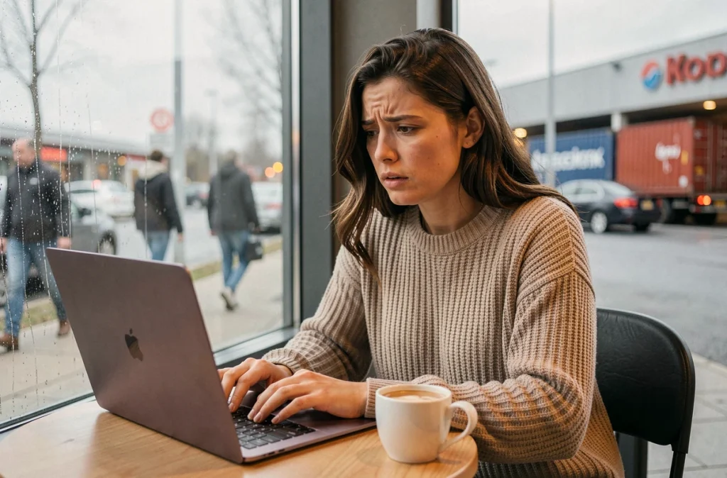 Jeune femme écrivant un avis client sur son ordinateur portable dans un café près d'un hub de livraison