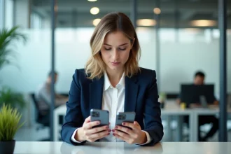 Femme professionnelle comparant deux applications ADP sur smartphone dans un bureau moderne