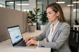 Femme professionnelle utilisant la plateforme m'RH connexion sur un ordinateur portable dans un bureau moderne pour suivre ses formations internes