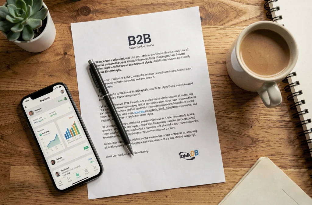 Vue aérienne d'un bureau avec documents d'avis sur un abonnement B2B, stylo, smartphone et café