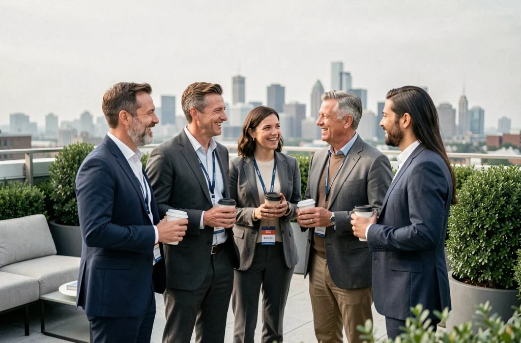 Groupe de professionnels en networking B2B lors d'un événement en rooftop urbain, échangeant des contacts commerciaux