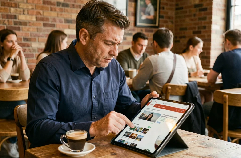 Homme dans un café consultant une tablette pour évaluer la fiabilité d'une plateforme de challenge en ligne avant de s'y inscrire