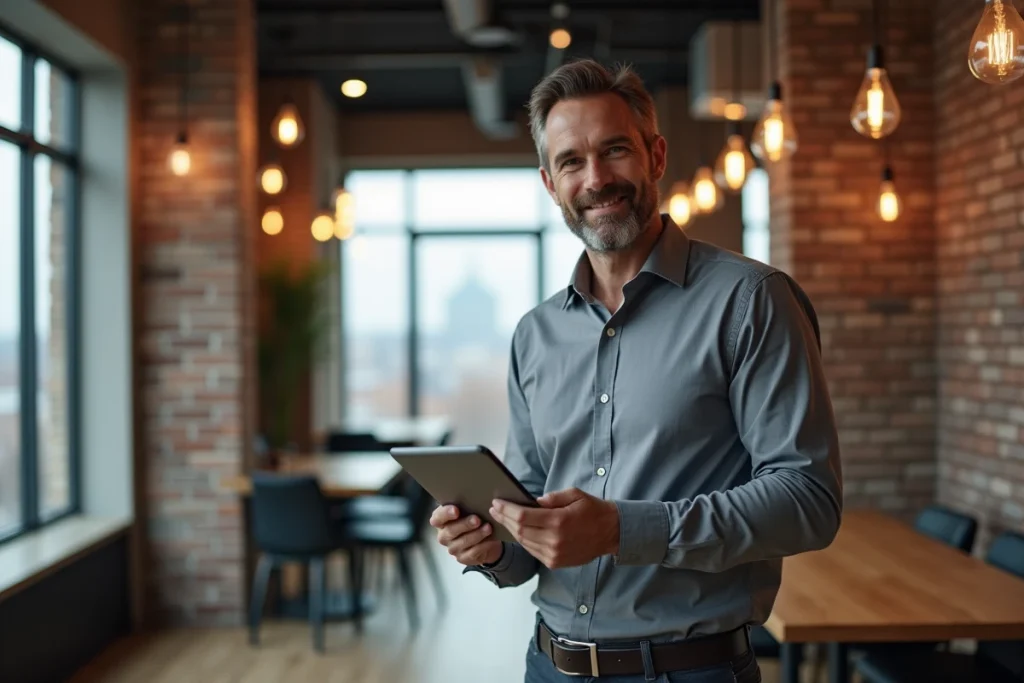 Homme en espace de coworking consultant un tableau de bord RH mobile sur tablette ADP