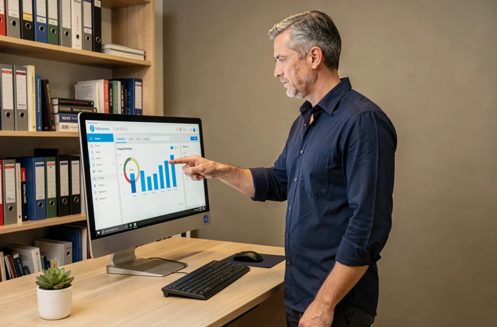 Homme en entreprise consultant son tableau de bord de formations internes sur la plateforme RH depuis un grand écran de bureau