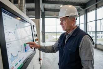 Ingénieur industriel analysant un tableau de bord énergétique numérique dans une usine bas carbone moderne