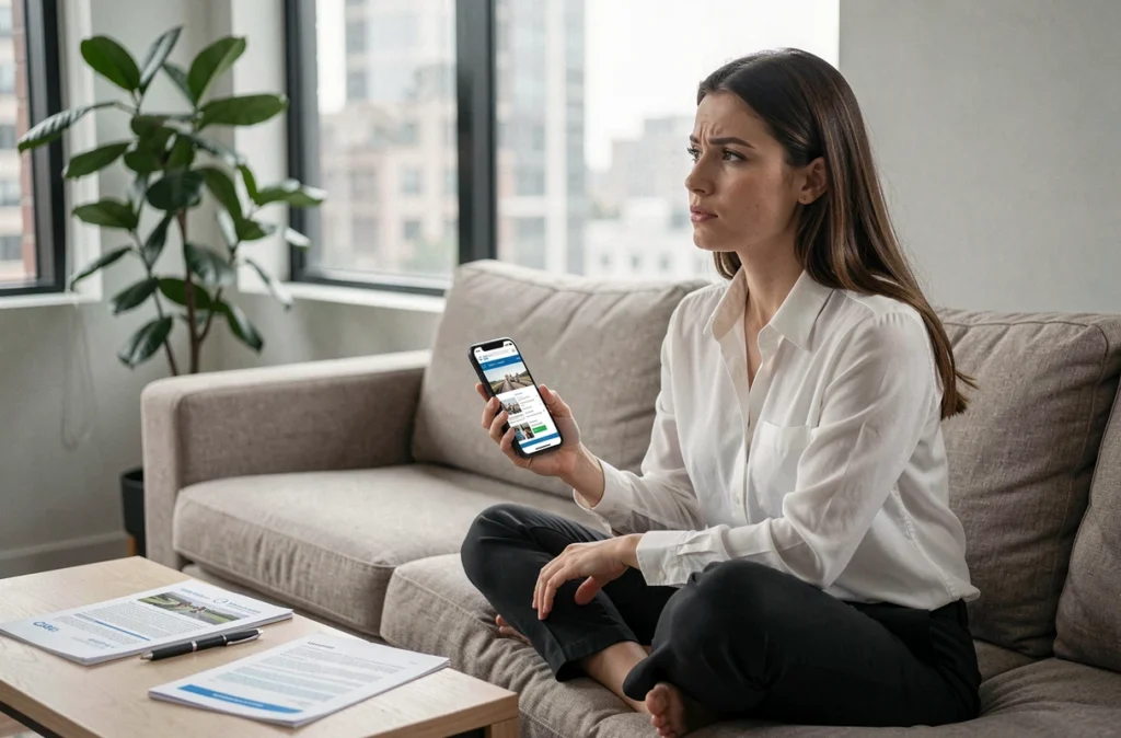 Jeune femme réfléchissant sur son canapé en consultant un site de challenge sur smartphone, symbolisant la prudence avant de s'engager dans une plateforme en ligne