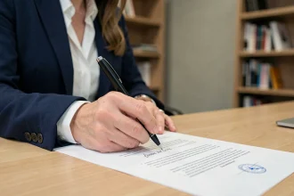 Femme professionnelle signant et ajoutant une mention manuscrite au bas d'un contrat dans un bureau moderne