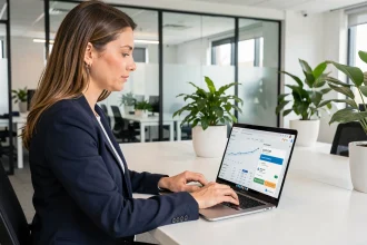 Professionnelle analysant les tarifs d'outils IA marketing sur un ordinateur portable en open space