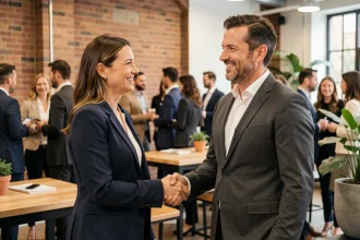 Deux professionnels en networking B2B se serrant la main lors d'un événement d'entreprise dans un espace de coworking moderne