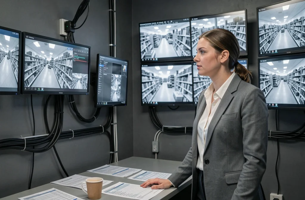 Responsable de prévention des pertes analysant des images de vidéosurveillance dans une salle de contrôle