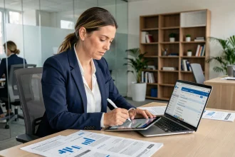 Professionnelle consultant une base de données d'entreprises sur tablette et ordinateur portable dans un bureau moderne