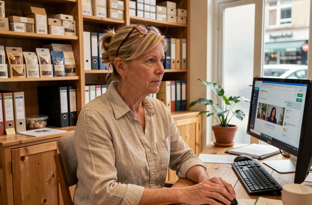 Propriétaire d'une petite entreprise indépendante consultant un tableau de bord numérique dans son bureau arrière-boutique, représentant les TPE et PME qui bénéficient d'un accompagnement par wyman.fr