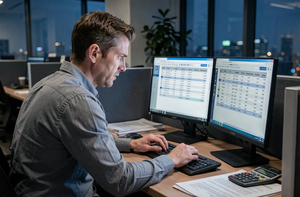 Comptable analysant des fiches de paie et des données salariales la nuit dans un bureau moderne, illustrant la négociation des minima légaux pour les heures de nuit