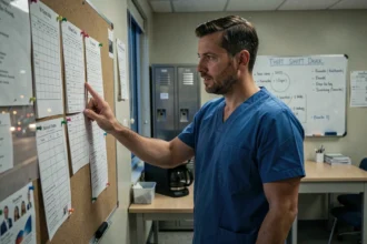 Infirmier consultant son planning de nuit dans une salle de pause hospitalière, illustrant le travail de nuit et la gestion des horaires décalés