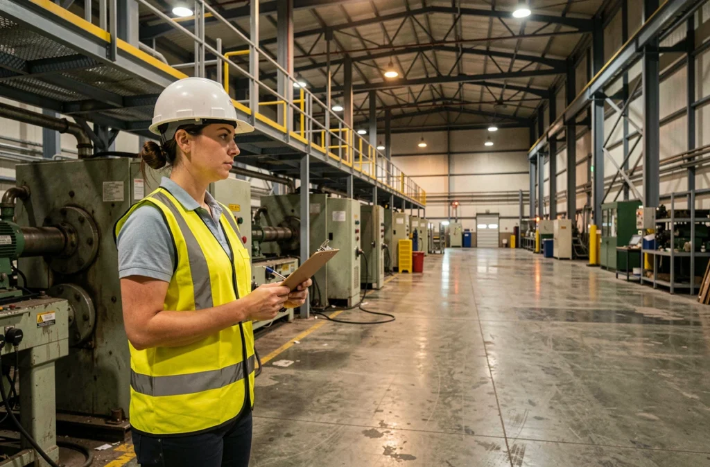 Ouvrière en gilet de sécurité supervisant une chaîne de production la nuit dans une usine industrielle, symbolisant le travail posté et les heures de nuit