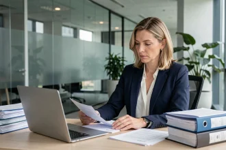 Responsable conformité examinant des documents réglementaires dans un bureau d'entreprise moderne, illustrant l'externalisation de la conformité à une agence spécialisée