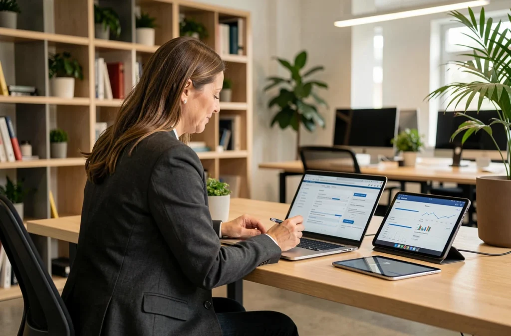 Responsable de maintenance consultant des données sécurisées sur tablette et ordinateur portable dans un bureau moderne