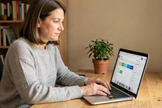 Salariée connectée à son portail de gestion du temps Octime depuis son bureau à domicile